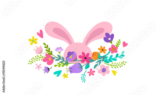 Happy Easter, bunny with flowers design. Easter sale and greeting card holiday concept © Marina Zlochin