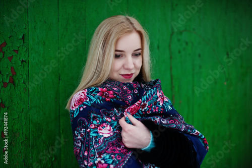 Blonde girl with hand embroidered scarf posed at winter day. Women's handkerchief. © AS Photo Family
