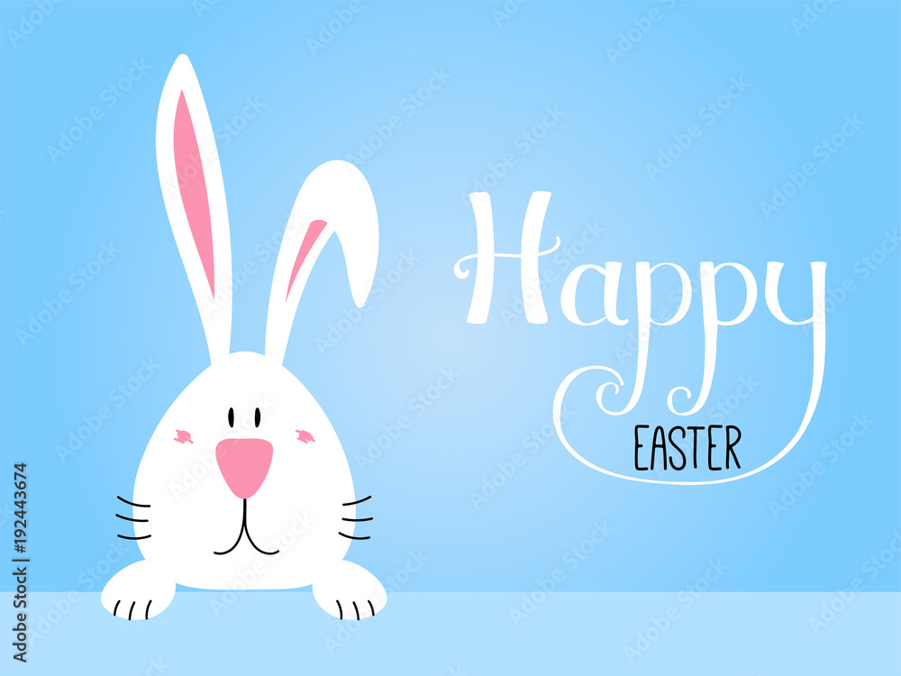 Hand drawn vector illustration with cute cartoon bunny portrait, Happy Easter lettering. Isolated objects. Vector illustration. Festive design elements. Concept for greeting card, invitation.