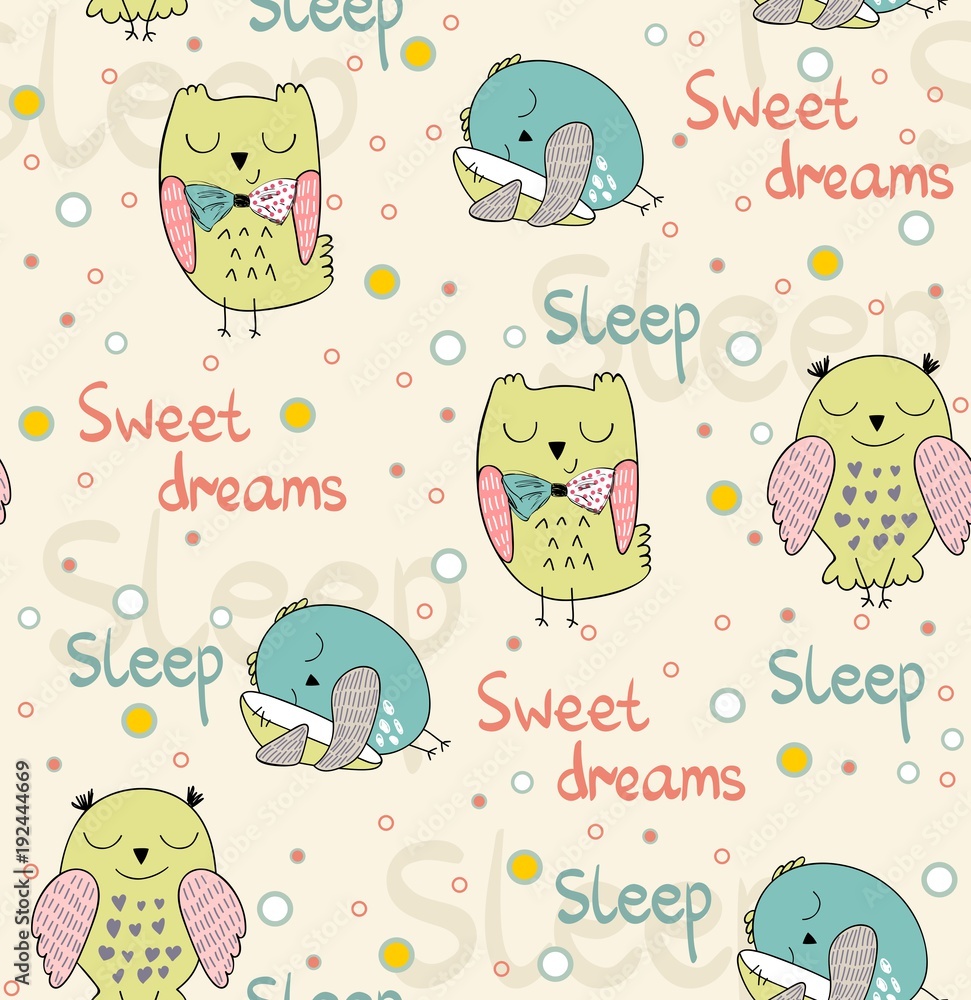 Obraz premium Cartoon Sleeping owls. Cute Hand Drawn seamless pattern