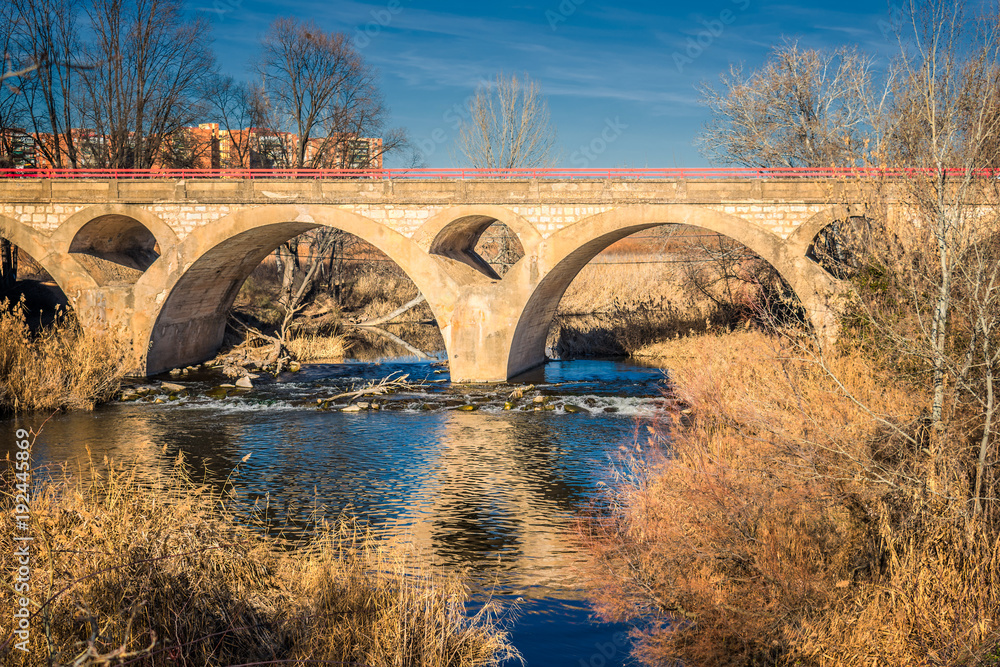 Fototapeta premium Zulema bridge, built over Henares River as it passed through Alcalá de Henares on an autumn afternoon.