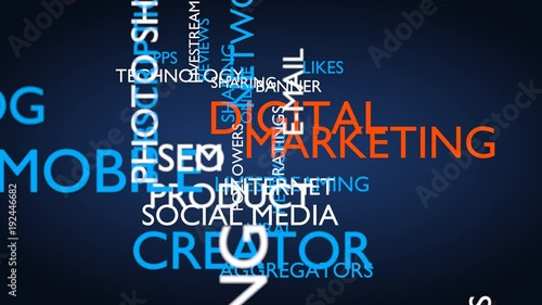 Digital marketing word tag cloud. 3D rendering, loop able, blue variant, UHD