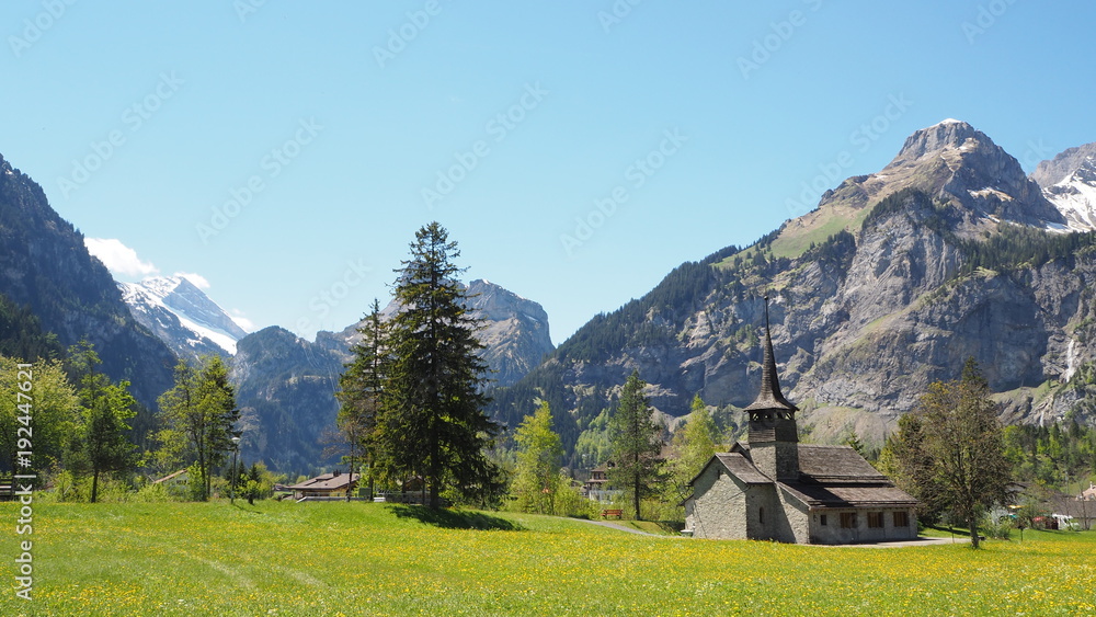 Church view on the sideway to Oeschinensee lake, Kandersteg, Switzerland, may 2017