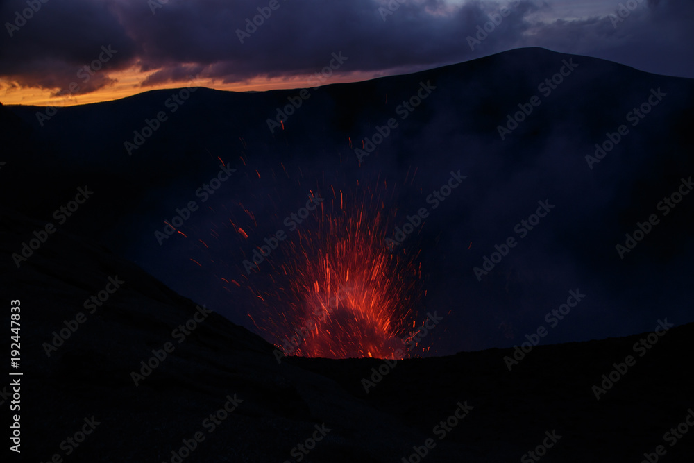 Eruption Yasur vulcano, sunset on the crater edge, Tanna, Vanuatu