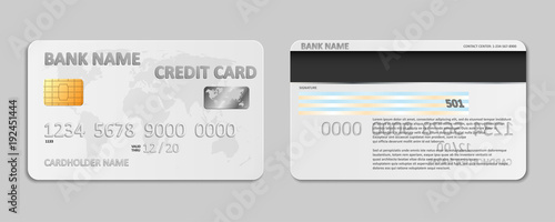 Realistic white bank credit card template isolated. Bank plastic credit card mockup with chip and world map for banking. Vector illustration