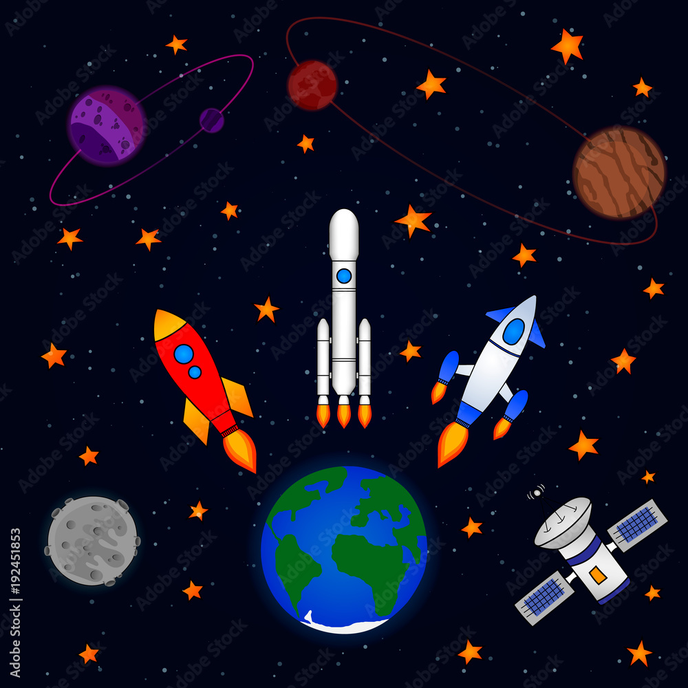 Naklejka premium Space ships fly away from the Earth to other planets. Multicolored picture, three dimensional image. Planets and satellites, rockets flying into space. Vector illustration