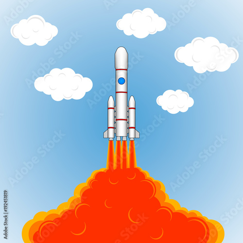 The launch of a space rocket. Drawing rockets, fire, sky and clouds. Color pattern, pattern, vector illustration