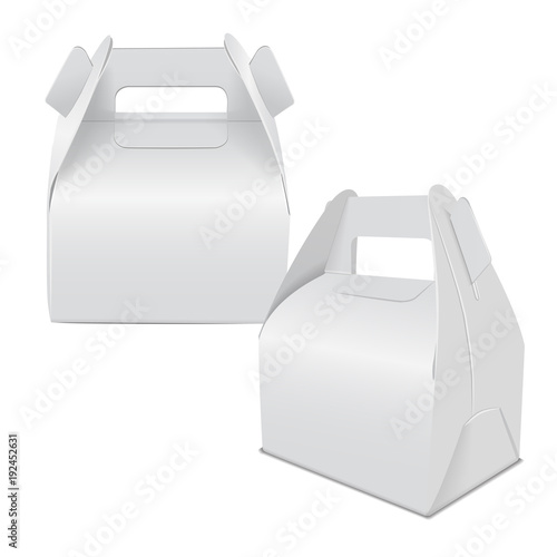 Realistic paper cake package, set of white box mock up, gift ontainer with handle. Take away food box vector