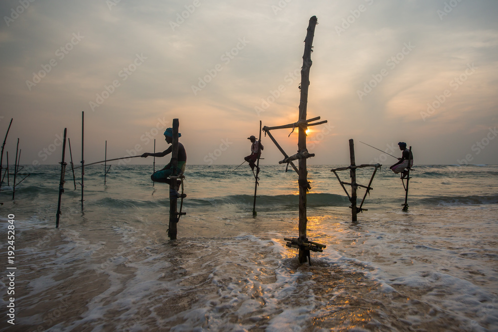     Silhouettes of the traditional Sri Lankan stilt fishermen on a stormy in Koggala, Sri Lanka. Stilt fishing is a method of fishing unique to the island country of Sri Lanka 

