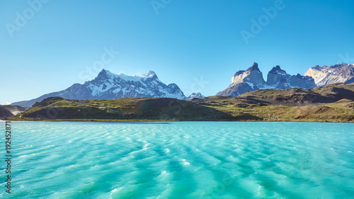 Pehoe Lake and Los Cuernos (The Horns) in the Torres del Paine National Park, Chile. 