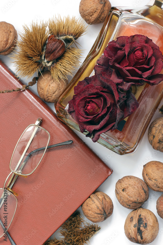 Composition. Tea, books, glasses and chestnuts. Romance. Literature Composition. Tea, books, glasses and chestnuts. Romance. Literature