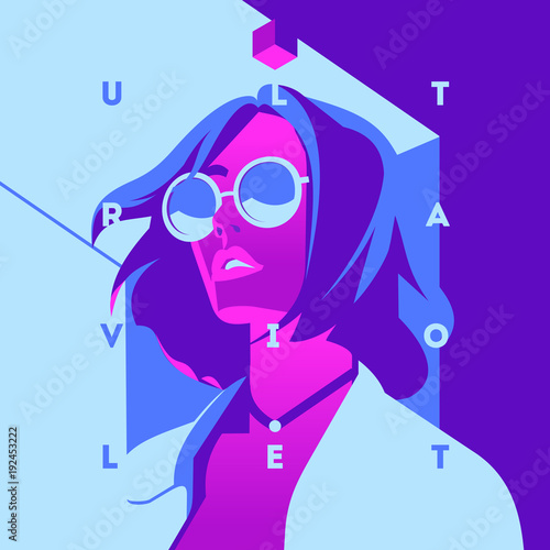 Fashion portrait of a model girl and neon light. Ultraviolet trendy colors poster or flyer.