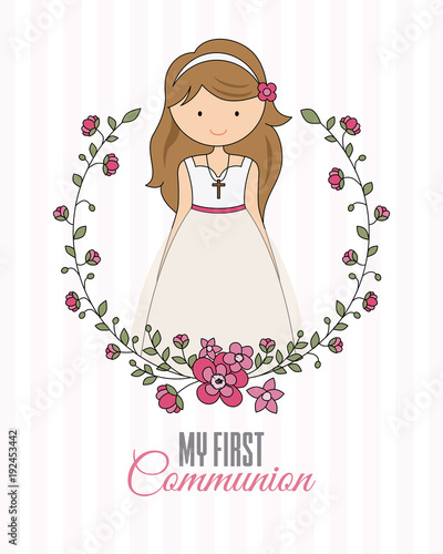 my first communion girl. beautiful girl with communion dress and flower frame