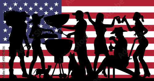 Barbecue Party Silhouette in front of USA Flag