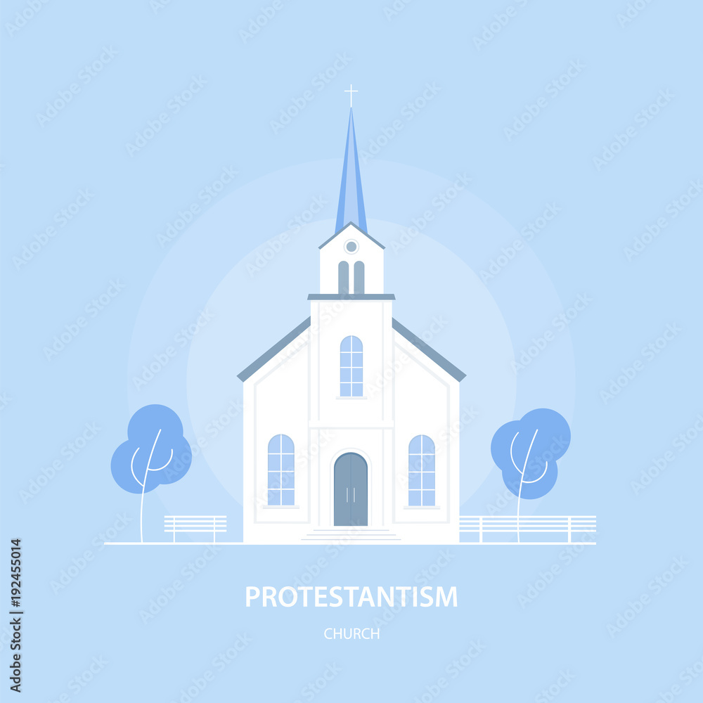 The Protestant Church. Christian temple. Religion and faith. Vector illustration