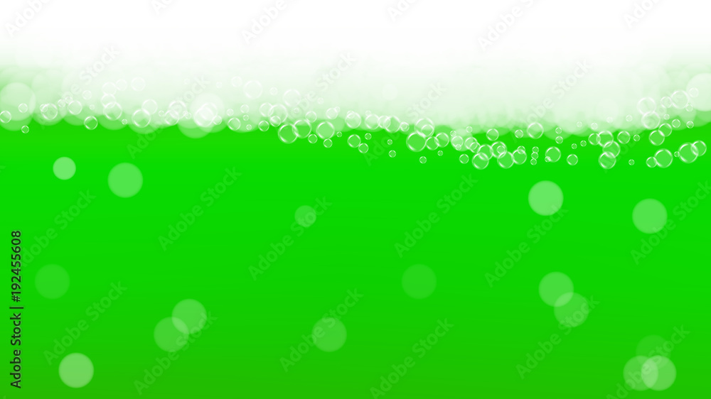Green beer background for Saint Patricks Day with bubble foam. Cool beverage for restaurant menu design, banners and flyers. Realistic backdrop with green beer for St. Patrick. Cold ale pint