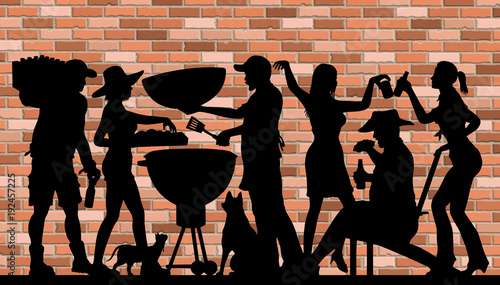 Memorial Day BBQ Party Silhouette in front of Brick Wall