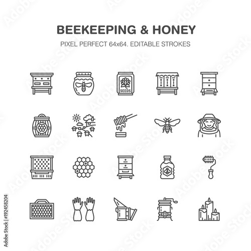 Beekeeping, apiculture flat line icons. Beekeeper equipment, honey processing, honeybee, beehives types, natural products. Bee garden, apiary thin linear signs, organic farm shop. Pixel perfect 64x64