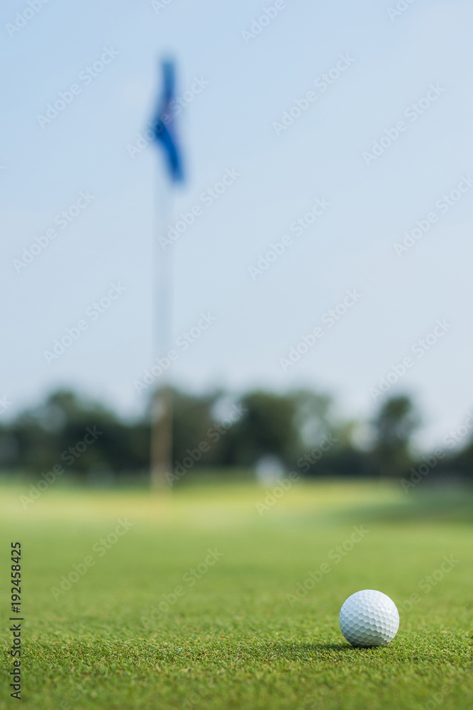 Obraz premium Golf ball on green grass course lawn field park nature background