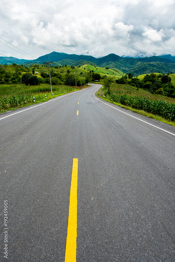 asphalt road through the green field and clouds on blue sky in summer day asphalt road through the green field and clouds on blue sky in summer day