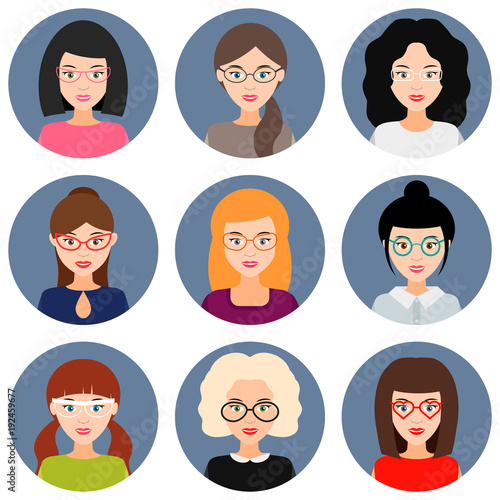 avatars of girls and women with glasses. set of icons. vector
