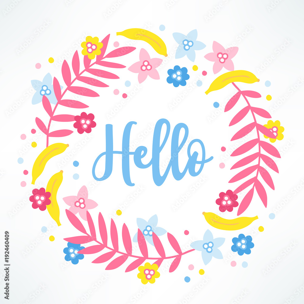 Summer wreath with bananas, flowers, palm leaves and confetti Summer wreath with bananas, flowers, palm leaves and confetti