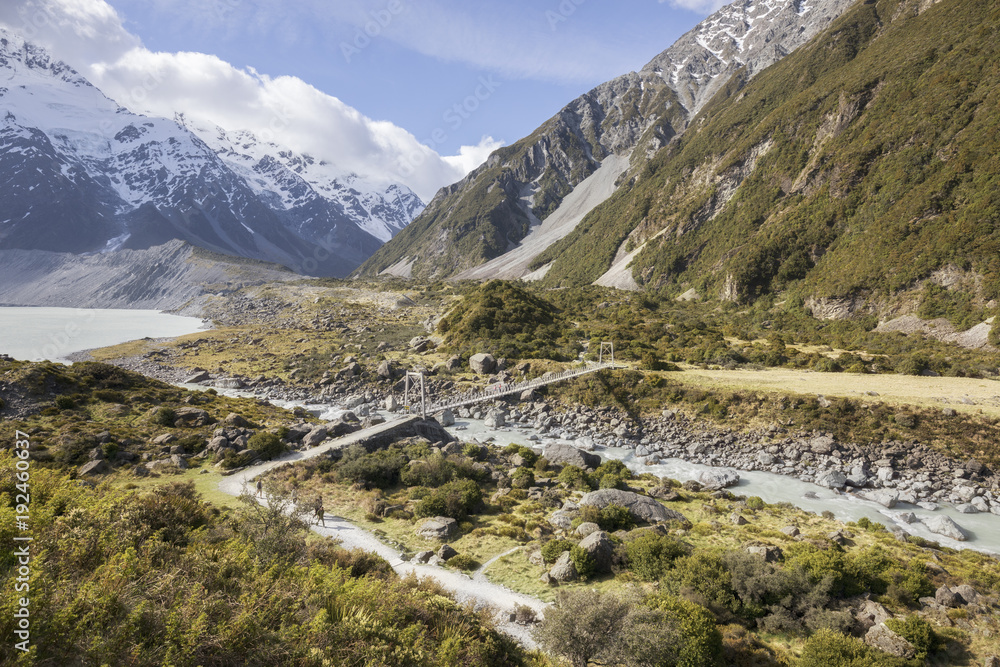 Suspension bridge on Hooker Valley track in Mt Cook National Park, New Zealand