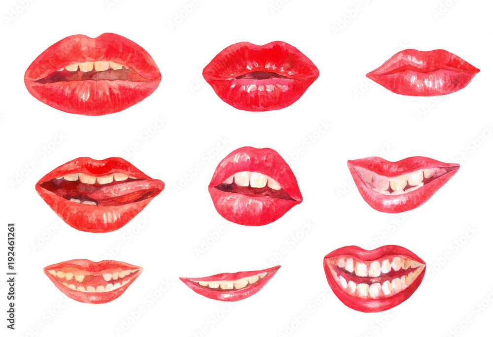 Fototapeta Watercolor lips. Set of different emotions. White teeth