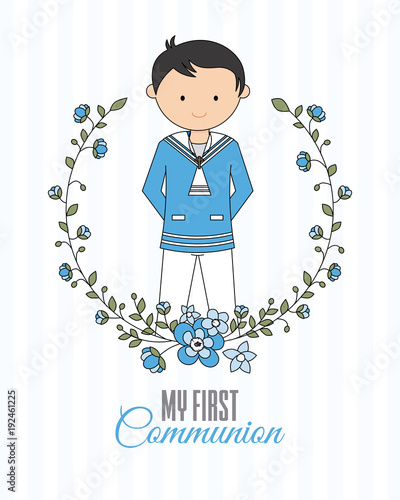 my first communion boy. Boy with communion dress and flower frame