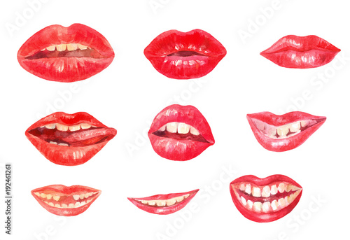 Watercolor lips. Set of different emotions. White teeth
