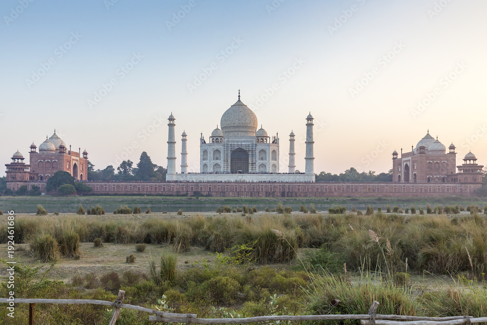 Taj Mahal and outlying buildings as seen from across the Yamuna River (northern view), Agra, Uttar Pradesh, India