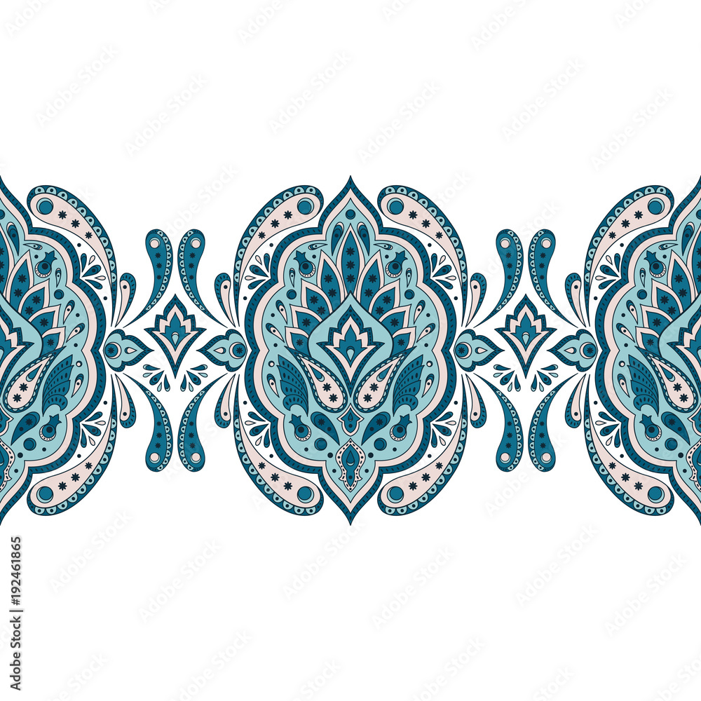 Floral indian paisley pattern vector seamless border. Vintage flower ethnic  ornament. Oriental folk design for wedding card, persian rug, gypsy  embroidery clothing, bedroom textile lace, medallion. Stock-vektor | Adobe  Stock