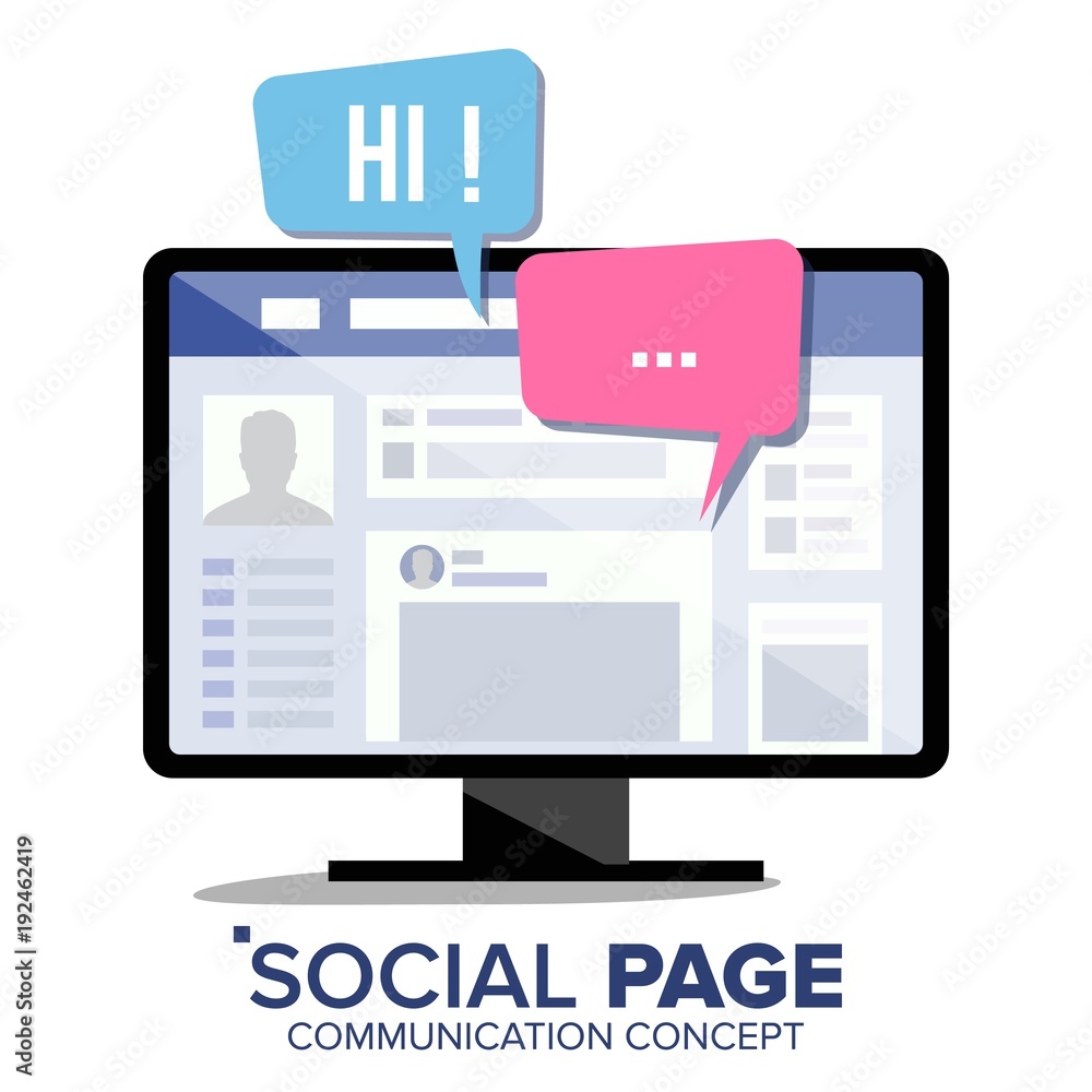 Social Page On Monitor Screen Vector. Speech Bubbles. Social Media User Web Page. Isolated Flat Illustration Social Page On Monitor Screen Vector. Speech Bubbles. Social Media User Web Page. Isolated Flat Illustration