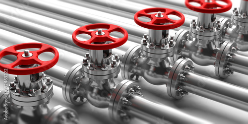 Industrial pipelines and valves close up on white background. 3d illustration