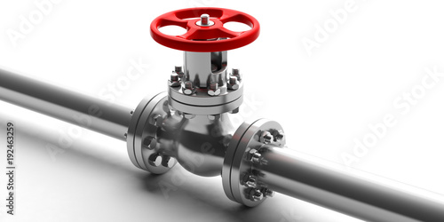 Industrial pipeline and valve on white background, copy space. 3d illustration photo