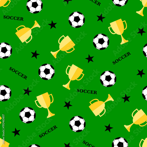 Seamless pattern with soccer ball and winner cup. Seamless football background