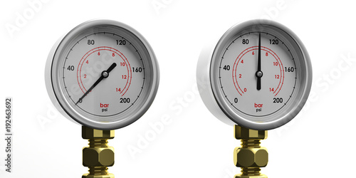 Industrial pressure gauges isolated on white background, front view. 3d illustration