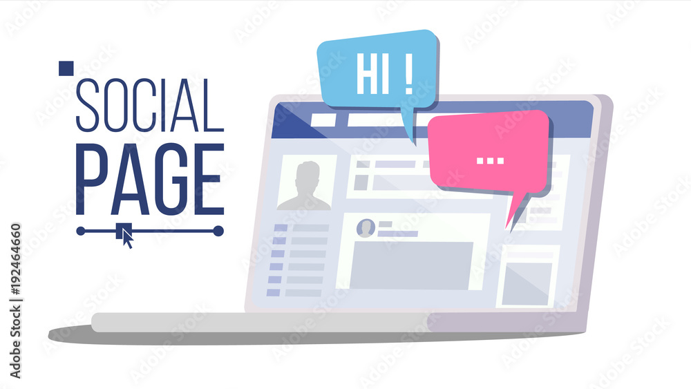 Social Page On Laptop Vector. Speech Bubbles. Social Personal Profile Account. Isolated Flat Illustration Social Page On Laptop Vector. Speech Bubbles. Social Personal Profile Account. Isolated Flat Illustration