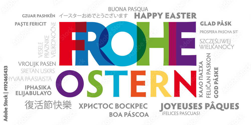 Grußkarte Frohe Ostern mehrsprachig - bunter Text