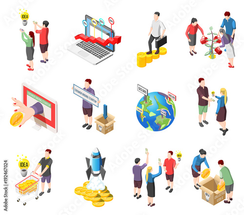 Crowdfunding Isometric Icons Set