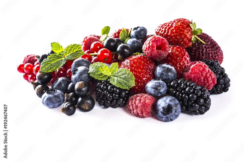 Mix berries isolated on a white. Ripe blueberries, blackberries, raspberries, currants and strawberries. Berries and fruits with copy space for text. Various fresh summer berries on white Mix berries isolated on a white. Ripe blueberries, blackberries, raspberries, currants and strawberries. Berries and fruits with copy space for text. Various fresh summer berries on white