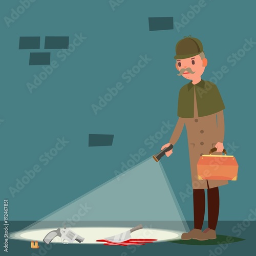 Crime Scene Vector. Snoop, Shamus, Spotter. Flat Cartoon Illustration