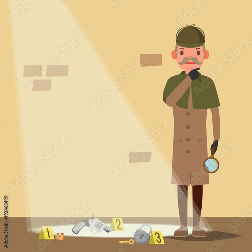 Crime Scene Vector. Detective Character Man. Crime Scene Investigation. Snoop, Shamus. Flat Cartoon Illustration