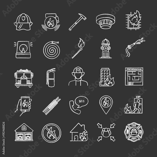 Firefighting chalk icons set