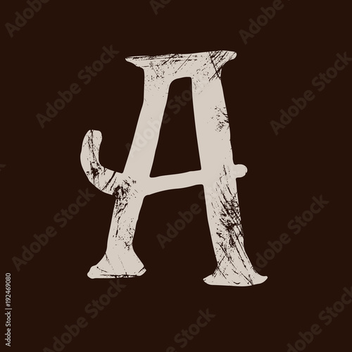 Letter A. Handwritten by dry brush. Rough strokes textured font. Vector illustration. Grunge style elegant alphabet.