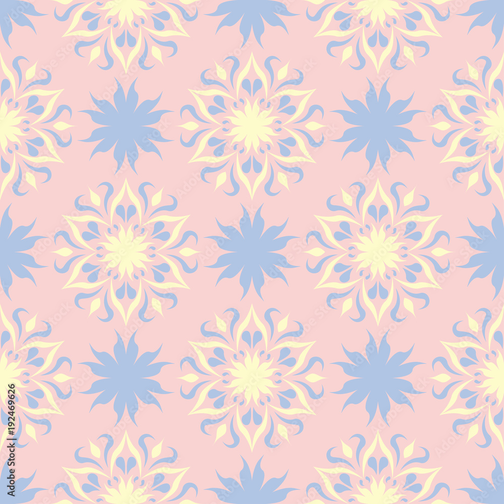 Floral pale pink seamless background. Floral pattern with light blue and yellow elements Floral pale pink seamless background. Floral pattern with light blue and yellow elements