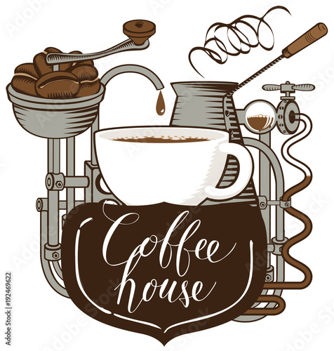 Vector banner for coffee house in retro style with Cup of coffee, a vintage coffee machine and a handwritten inscription
