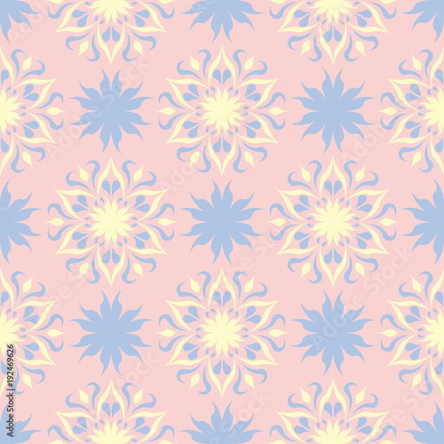 Floral pale pink seamless background. Floral pattern with light blue and yellow elements