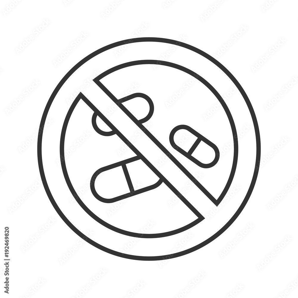 Forbidden sign with pills linear icon Forbidden sign with pills linear icon