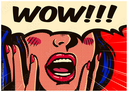 Fototapeta Styl retro pop-artu zaskoczony i podniecony kobieta komiksy z otwartymi ustami i dymek mówiąc wow vintage ilustracji wektorowych